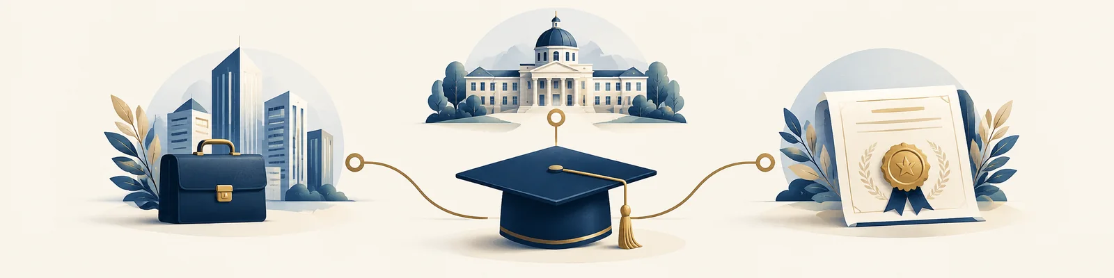 Illustration of career opportunities, further study and academic qualifications connected with online education